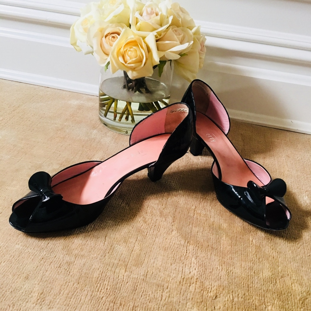 Michel Perry black patent bowed kitten heel